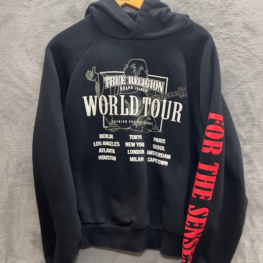 True Religion World Tour Hoodie Black Graphic Hoodie XS For The Senses